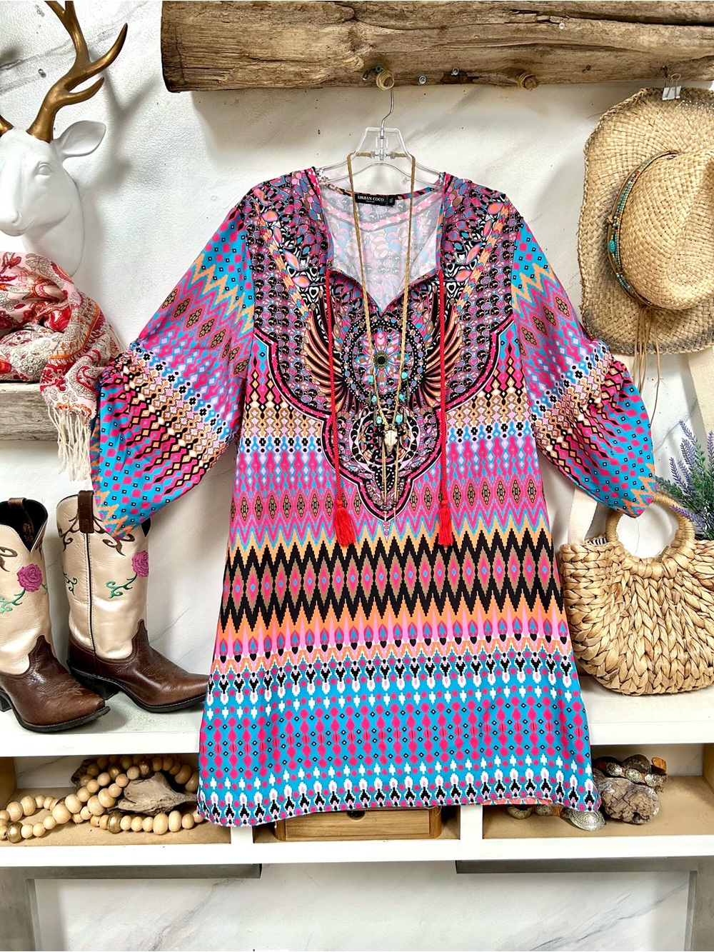 AZTEC Mini boho Dress/tunic w resort vacay beach Mediterranean vibe